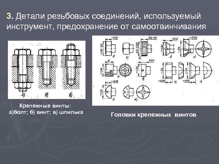 3. Детали резьбовых соединений, используемый инструмент, предохранение от самоотвинчивания Крепежные винты: а)болт; б) винт;