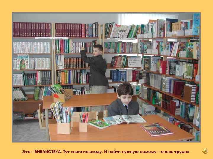 Это – БИБЛИОТЕКА. Тут книги повсюду. И найти нужную самому – очень трудно. 