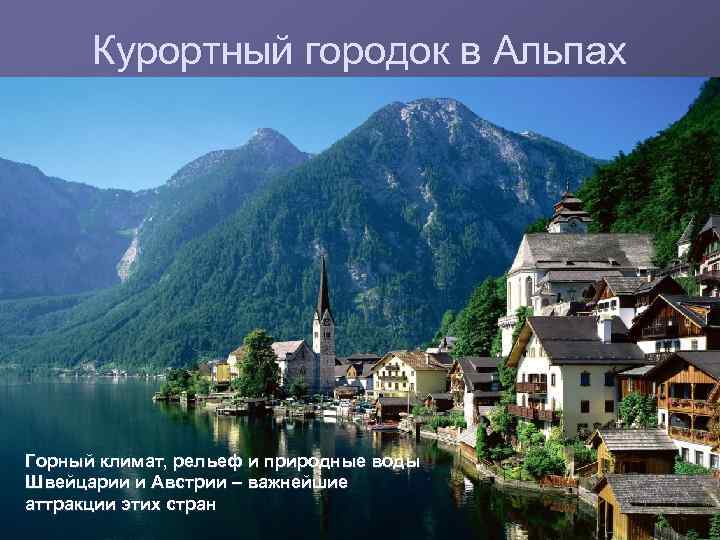 Курортный городок в Альпах Горный климат, рельеф и природные воды Швейцарии и Австрии –