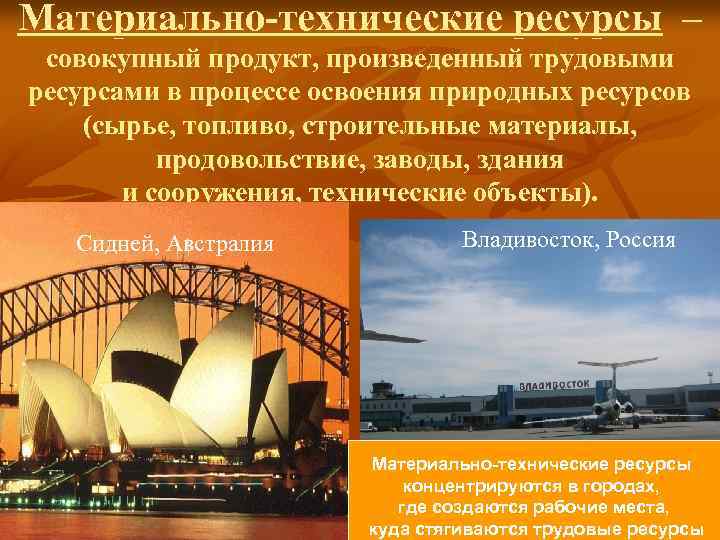Материально-технические ресурсы – совокупный продукт, произведенный трудовыми ресурсами в процессе освоения природных ресурсов (сырье,