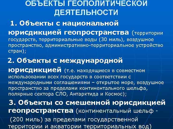 ОБЪЕКТЫ ГЕОПОЛИТИЧЕСКОЙ ДЕЯТЕЛЬНОСТИ 1. Объекты с национальной юрисдикцией геопространства (территории государств, территориальные воды (30