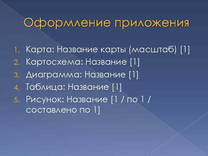 Оформление приложения 1. 2. 3. 4. 5. Карта: Название карты (масштаб) [1] Картосхема: Название