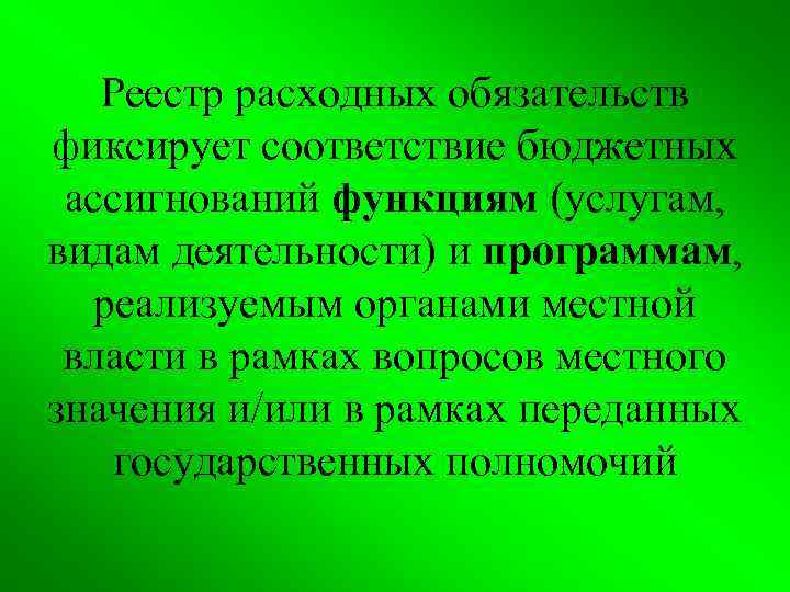 Реестр расходных обязательств фиксирует соответствие бюджетных ассигнований функциям (услугам, видам деятельности) и программам, реализуемым