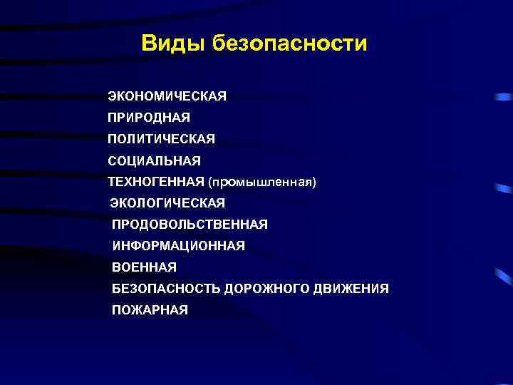 Виды безопасности ЭКОНОМИЧЕСКАЯ ПРИРОДНАЯ ПОЛИТИЧЕСКАЯ СОЦИАЛЬНАЯ ТЕХНОГЕННАЯ (промышленная) ЭКОЛОГИЧЕСКАЯ ПРОДОВОЛЬСТВЕННАЯ ИНФОРМАЦИОННАЯ ВОЕННАЯ БЕЗОПАСНОСТЬ ДОРОЖНОГО