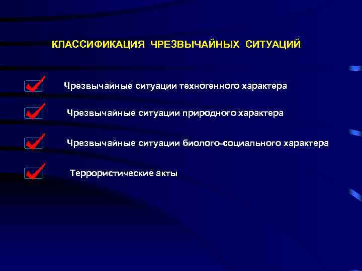 КЛАССИФИКАЦИЯ ЧРЕЗВЫЧАЙНЫХ СИТУАЦИЙ Чрезвычайные ситуации техногенного характера Чрезвычайные ситуации природного характера Чрезвычайные ситуации биолого-социального