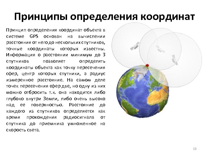 Принципы определения координат Принцип определения координат объекта в системе GPS основан на вычислении расстояния