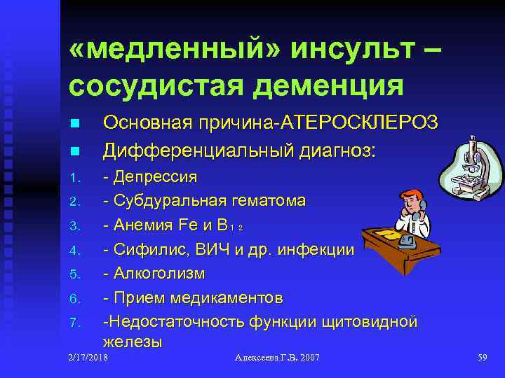  «медленный» инсульт – сосудистая деменция n n 1. 2. 3. 4. 5. 6.