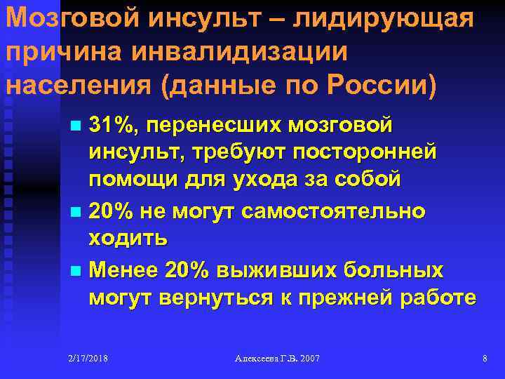 Мозговой инсульт – лидирующая причина инвалидизации населения (данные по России) 31%, перенесших мозговой инсульт,