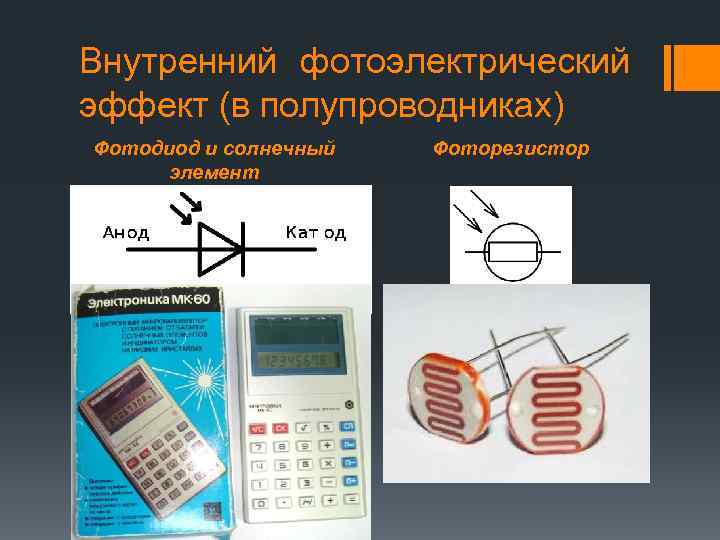 Внутренний фотоэлектрический эффект (в полупроводниках) Фотодиод и солнечный элемент Фоторезистор 