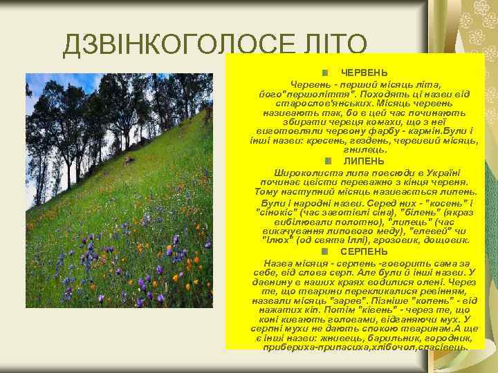 ДЗВІНКОГОЛОСЕ ЛІТО ЧЕРВЕНЬ Червень перший місяць літа, його