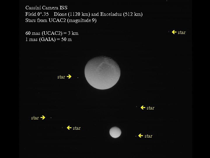 Cassini Camera ISS Field 0°. 35 Dione (1120 km) and Enceladus (512 km) Stars