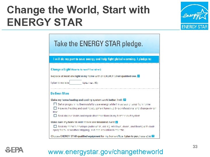 Change the World, Start with ENERGY STAR www. energystar. gov/changetheworld 33 