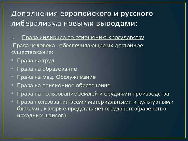 Дополнения европейского и русского либерализма новыми выводами: I. Права индивида по отношению к государству