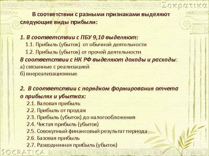 В соответствии с разными признаками выделяют следующие виды прибыли: 1. В соответствии с ПБУ