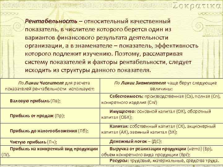 Рентабельность – относительный качественный показатель, в числителе которого берется один из вариантов финансового результата
