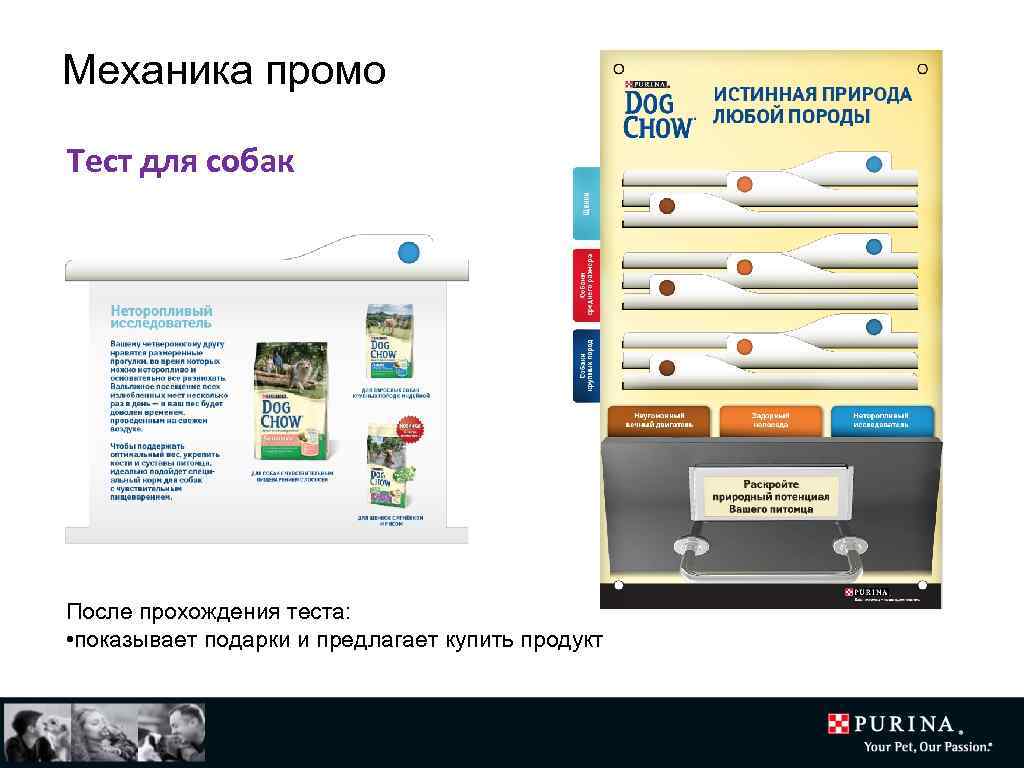 Механика промо Тест для собак После прохождения теста: • показывает подарки и предлагает купить