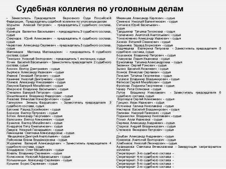 Судебная коллегия по уголовным делам Заместитель Председателя Верховного Суда Российской Федерации, Председатель судебной коллегии