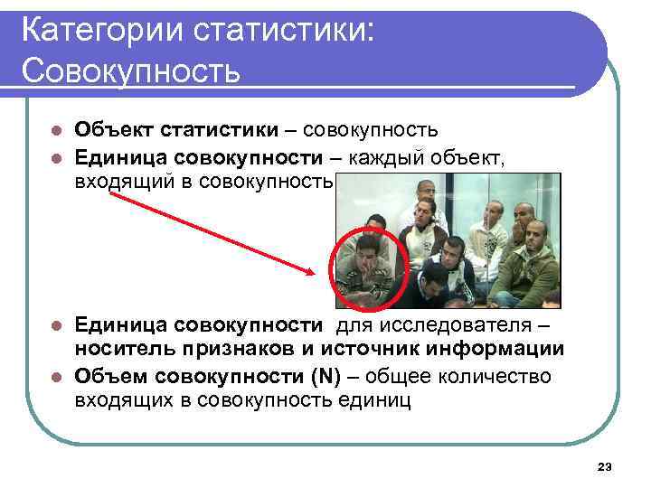 Категории статистики: Совокупность Объект статистики – совокупность l Единица совокупности – каждый объект, входящий