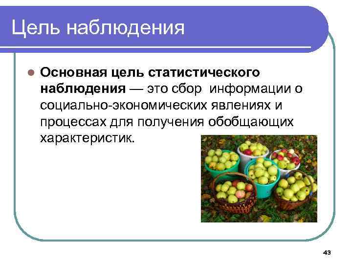 Цель наблюдения l Основная цель статистического наблюдения — это сбор информации о социально-экономических явлениях