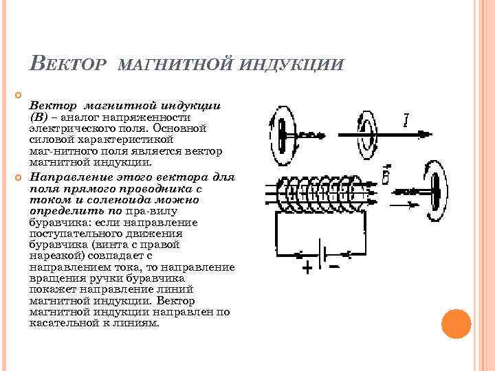 ВЕКТОР МАГНИТНОЙ ИНДУКЦИИ Вектор магнитной индукции (В) – аналог напряженности электрического поля. Основной силовой