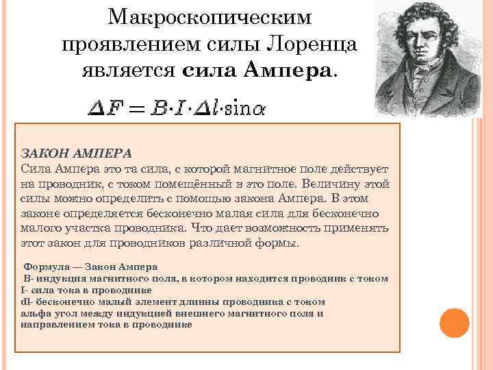 Макроскопическим проявлением силы Лоренца является сила Ампера. ЗАКОН АМПЕРА Сила Ампера это та сила,