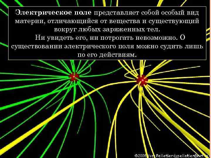 Электрическое поле представляет собой особый вид материи, отличающийся от вещества и существующий вокруг любых