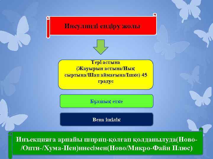 Инсулинді ендіру жолы Тері астына (Жауырын астына/Иық сыртына/Шап аймағына/Ішке) 45 градус Бұлшық етке Вена
