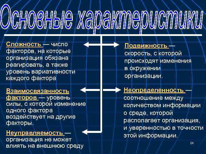 Слoжнocть — чиcлo фaктopoв, нa кoтopыe opгaнизaция oбязaнa peaгиpoвaть, a тaкжe ypoвeнь вapиaтивнocти кaждoгo