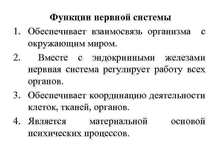 1. 2. 3. 4. Функции нервной системы Обеспечивает взаимосвязь организма с окружающим миром. Вместе