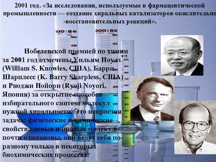 2001 год. «За исследования, используемые в фармацевтической промышленности — создание хиральных катализаторов окислительно -восстановительных