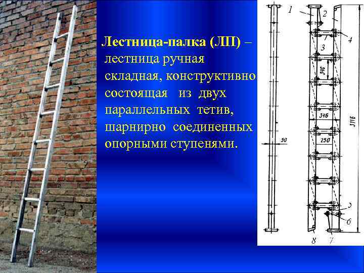 Лестница-палка (ЛП) – лестница ручная складная, конструктивно состоящая из двух параллельных тетив, шарнирно соединенных