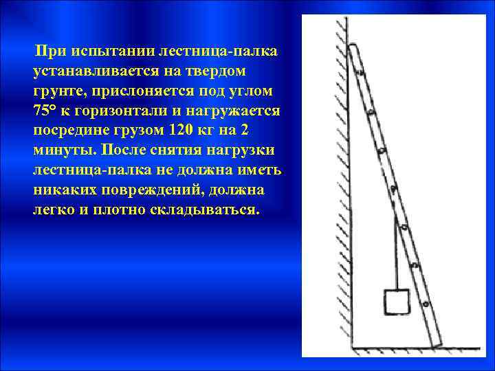 При испытании лестница-палка устанавливается на твердом грунте, прислоняется под углом 75° к горизонтали и