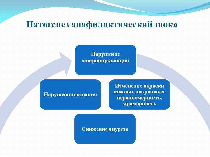 Патогенез анафилактический шока Нарушение микроциркуляции Нарушение сознания Изменение окраски кожных покровов, её неравномерность, мраморность