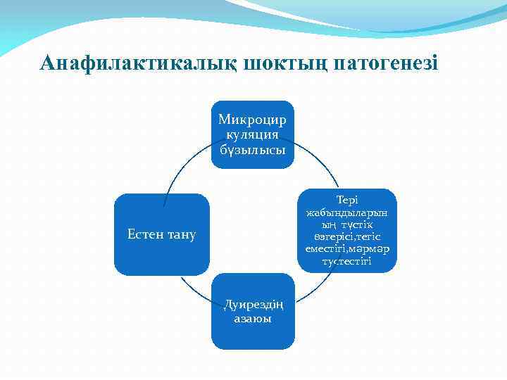 Анафилактикалық шоктың патогенезі Микроцир куляция бүзылысы Тері жабындыларын ың түстік өзгерісі, тегіс еместігі, мәрмәр