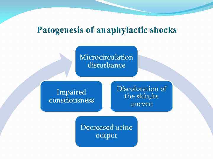 Patogenesis of anaphylactic shocks Microcirculation disturbance Impaired consciousness Discoloration of the skin, its uneven