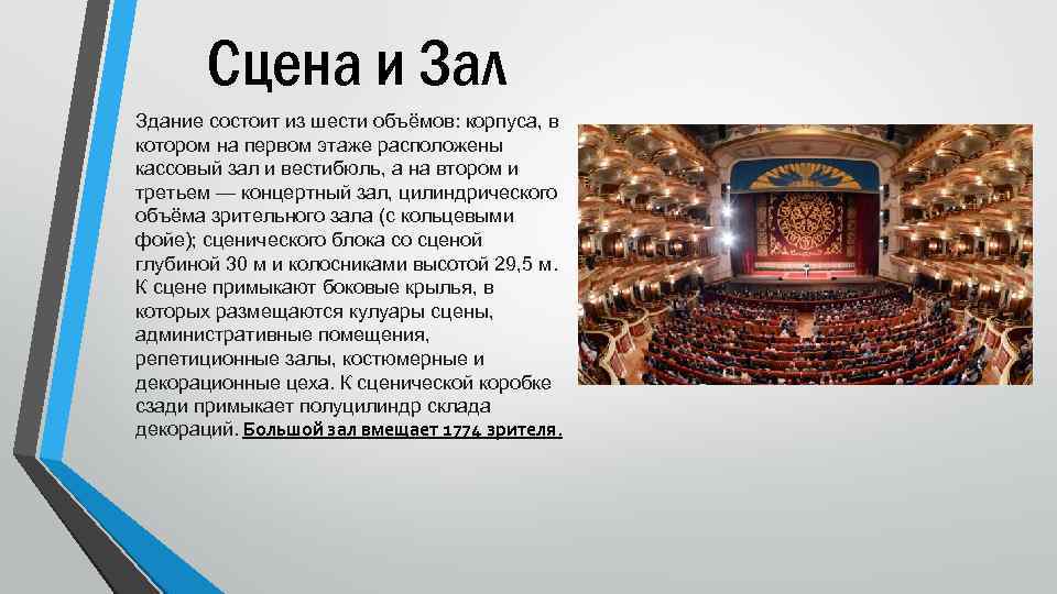 Сцена и Зал Здание состоит из шести объёмов: корпуса, в котором на первом этаже