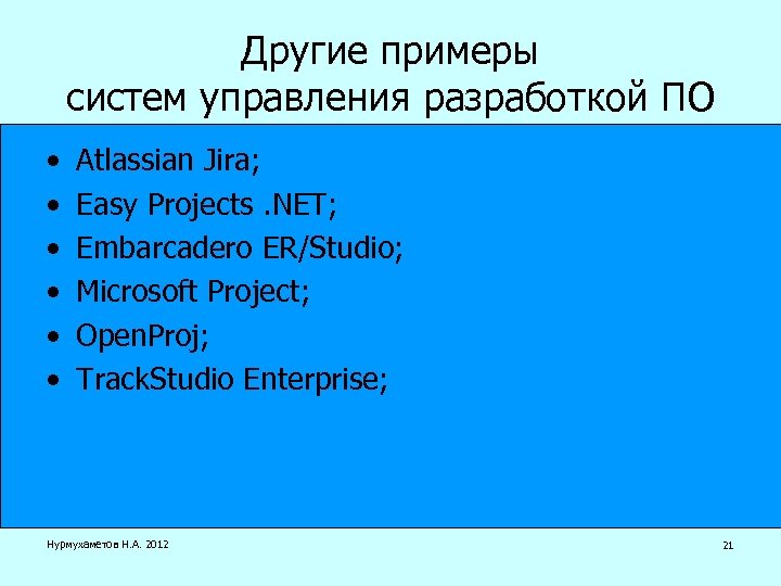 Другие примеры систем управления разработкой ПО • • • Atlassian Jira; Easy Projects. NET;