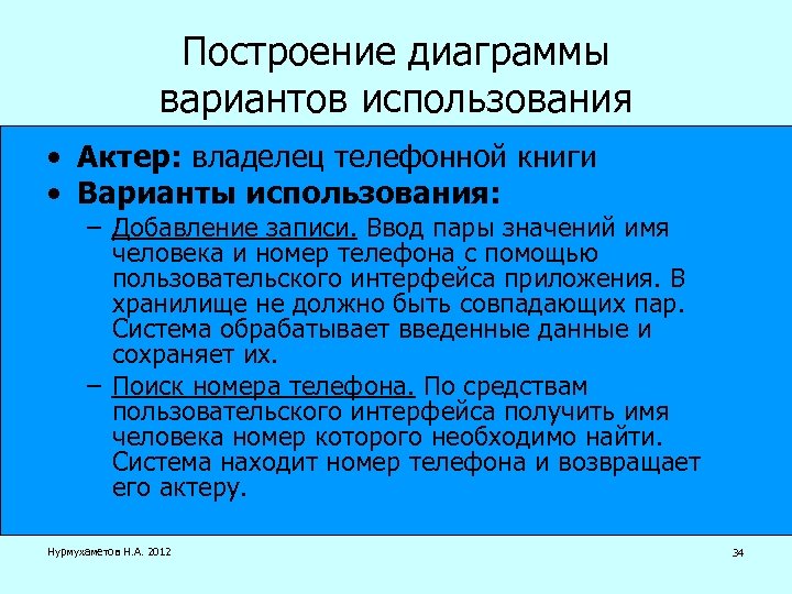 Построение диаграммы вариантов использования • Актер: владелец телефонной книги • Варианты использования: – Добавление