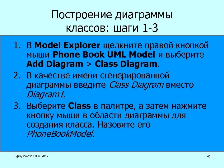 Построение диаграммы классов: шаги 1 -3 1. В Model Explorer щелкните правой кнопкой мыши