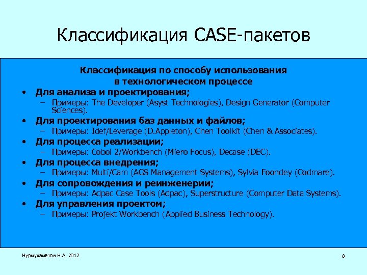 Классификация CASE-пакетов • Классификация по способу использования в технологическом процессе Для анализа и проектирования;