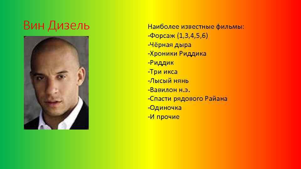 Вин Дизель Наиболее известные фильмы: -Форсаж (1, 3, 4, 5, 6) -Чёрная дыра -Хроники