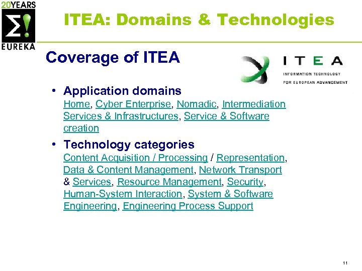 ITEA: Domains & Technologies Coverage of ITEA • Application domains Home, Cyber Enterprise, Nomadic,