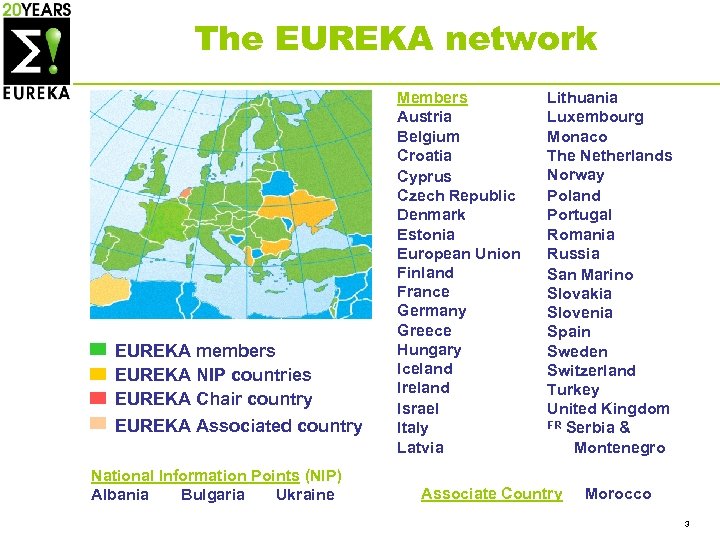 The EUREKA network EUREKA members EUREKA NIP countries EUREKA Chair country EUREKA Associated country