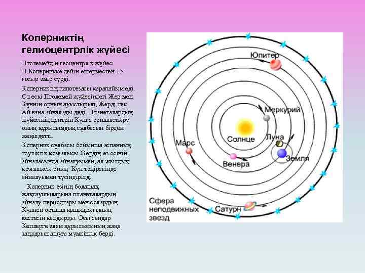 Коперниктің гелиоцентрлік жүйесі Птолемейдің геоцентрлік жүйесі Н. Коперникке дейін өзгерместен 15 ғасыр өмір сүрді.