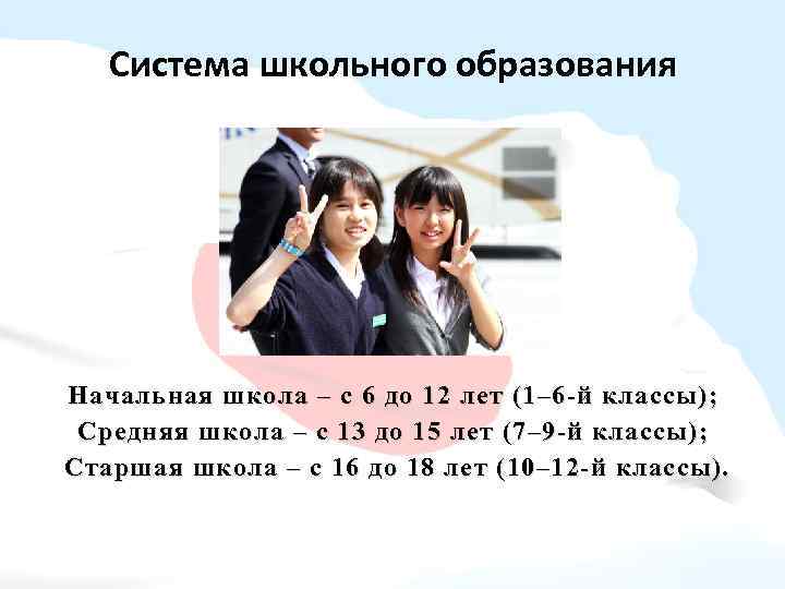 Система школьного образования Начальная школа – с 6 до 12 лет (1– 6 -й