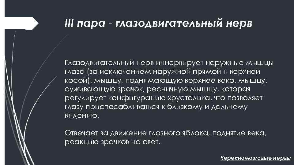 III пара глазодвигательный нерв Глазодвигательный нерв иннервирует наружные мышцы глаза (за исключением наружной прямой