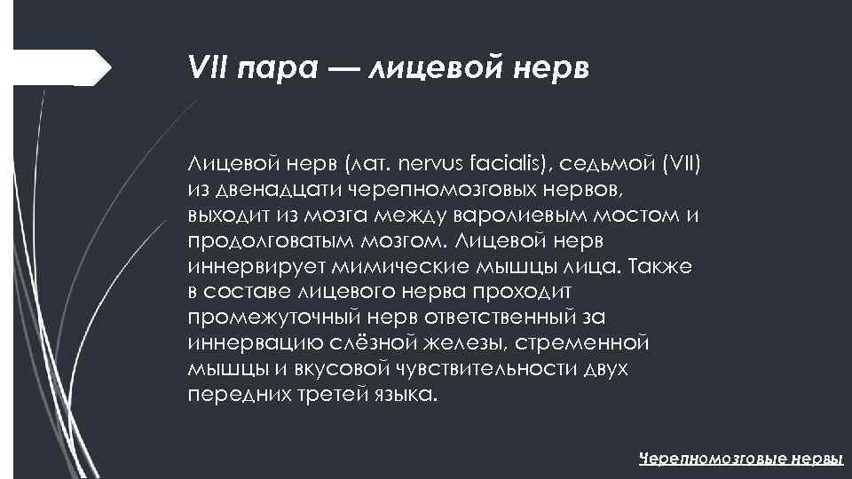 VII пара — лицевой нерв Лицевой нерв (лат. nervus facialis), седьмой (VII) из двенадцати