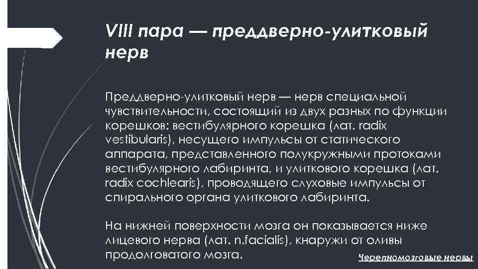 VIII пара — преддверно-улитковый нерв Преддверно улитковый нерв — нерв специальной чувствительности, состоящий из