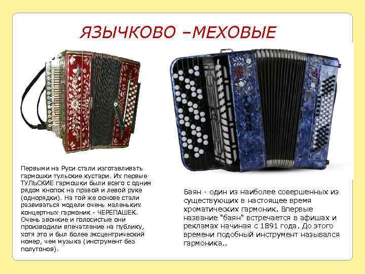 ЯЗЫЧКОВО –МЕХОВЫЕ Первыми на Руси стали изготавливать гармошки тульские кустари. Их первые ТУЛЬСКИЕ гармошки
