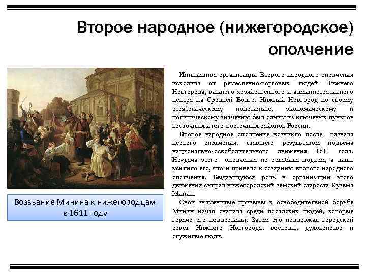 Второе народное (нижегородское) ополчение Воззвание Минина к нижегородцам в 1611 году Инициатива организации Второго